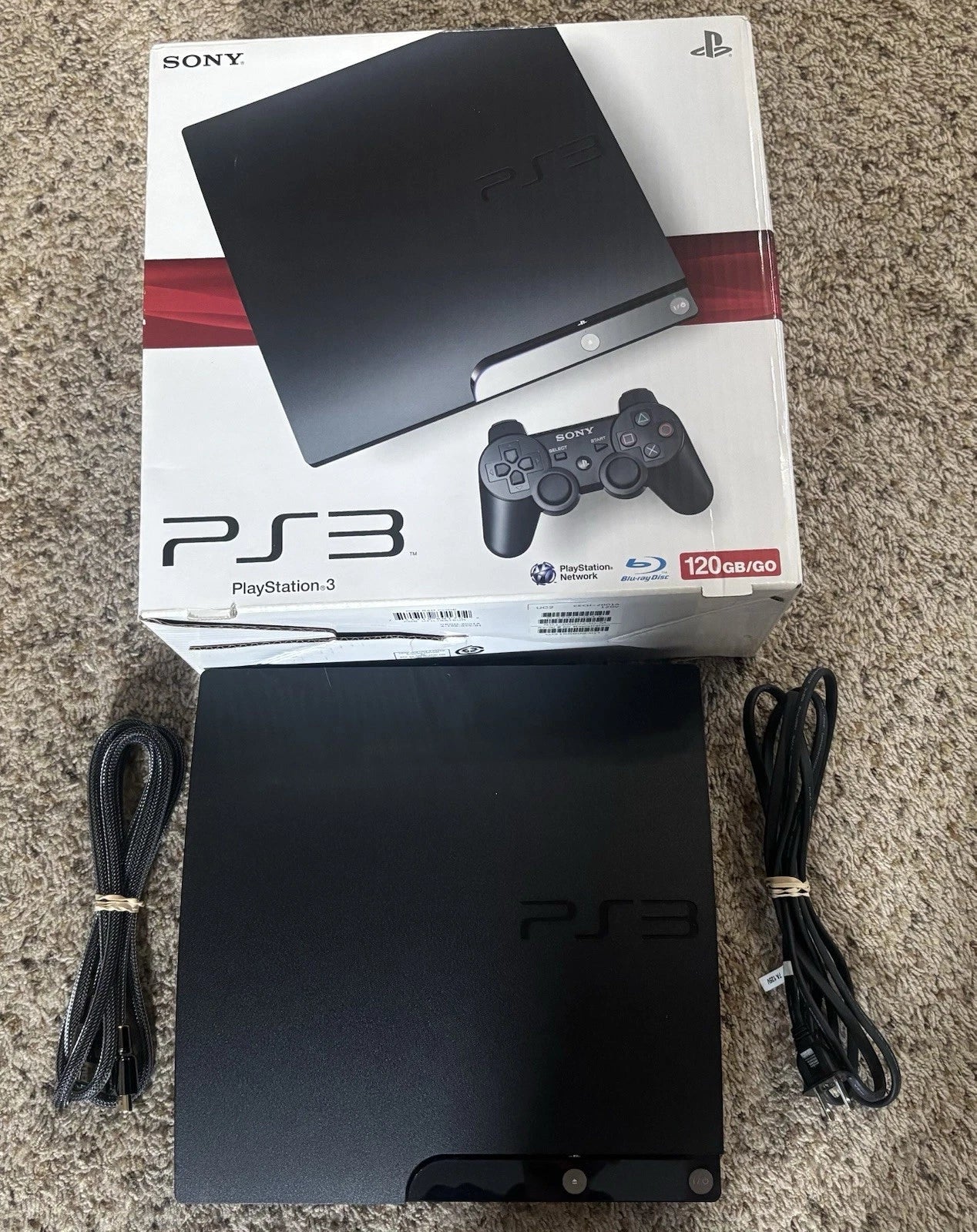 Sony PlayStation 3 PS3 Slim 120GB (CECH-2001A) Black Console Controllers Wires