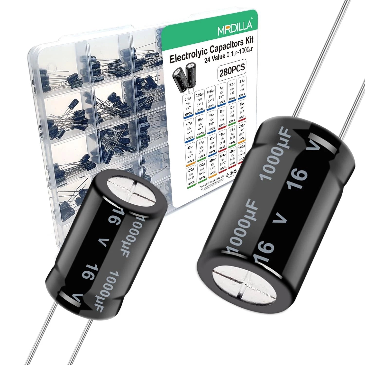 280 Pcs Electrolytic Capacitor Assortment Kit, 24 Values 0.1uF–1000uF Aluminum Electrolytic Capacitors 10V 16V 25V 50V for PCB Repair, Power Supply, Electronics Maintenance